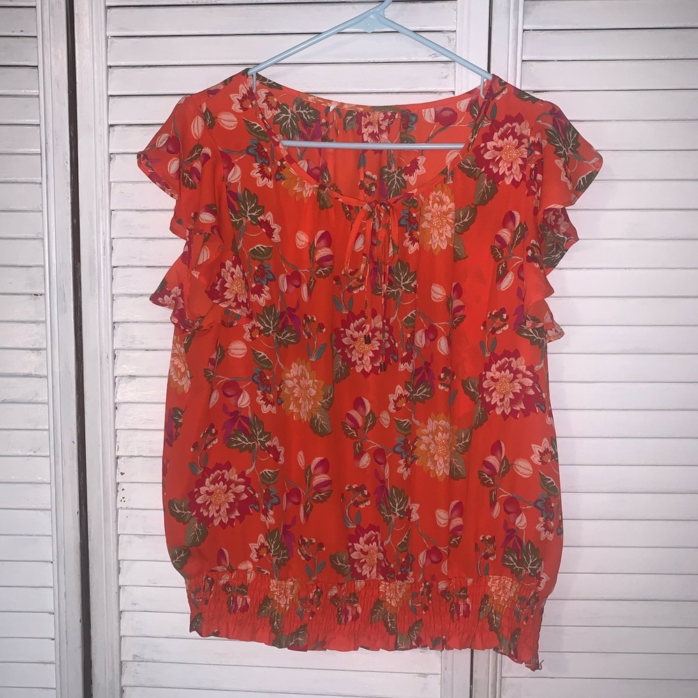 Floral Ruffle Sleeve Top - Orange NWOT Size XL